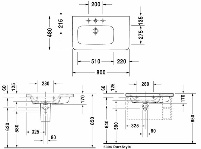 DURAVIT DURASTYLE umývadlo 80 cm, s otvorom pre batériu a prepadom 2325800000 Technický nákres