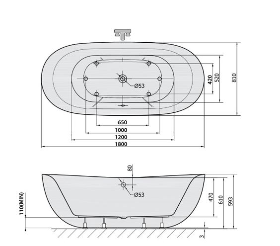 POLYSAN ZASU voľne stojaca vaňa 180x81 cm, s nožičkami, kompozit 69611 Technický nákres