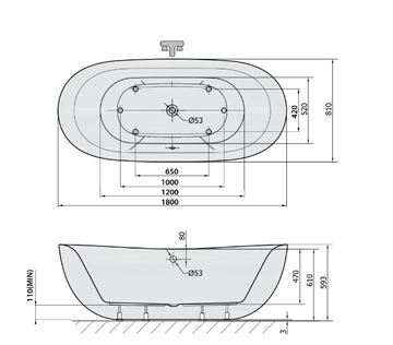 POLYSAN ZASU voľne stojaca vaňa 180x81 cm, s nožičkami, kompozit 69611 Technický nákres