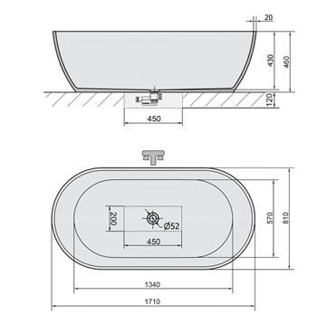 POLYSAN REDUTA voľne stojaca vaňa 171x81 cm, pre 2 osoby, liaty mramor 72842 Technický nákres
