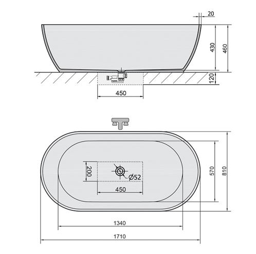 POLYSAN REDUTA voľne stojaca vaňa 171x81 cm, pre 2 osoby, liaty mramor 72842 Technický nákres