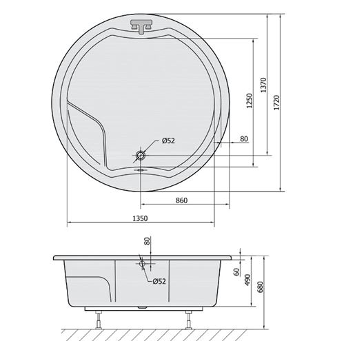 POLYSAN ROYAL ROUND vaňa 172x172 cm, s konštrukciou, akrylát 73211 Technický nákres