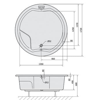 POLYSAN ROYAL ROUND vaňa 172x172 cm, s konštrukciou, akrylát 73211 Technický nákres