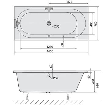POLYSAN ASTRA B vaňa 165x75 cm, bez nožičiek, akrylát 32611 Technický nákres