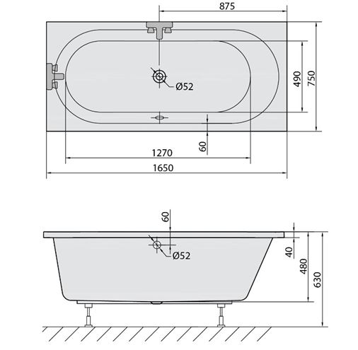POLYSAN ASTRA B vaňa 165x75 cm, bez nožičiek, akrylát 32611 Technický nákres
