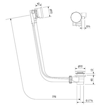 POLYSAN MODEL06 vaňový sifón 77,5 cm, bovden, chróm 71685 Technický nákres