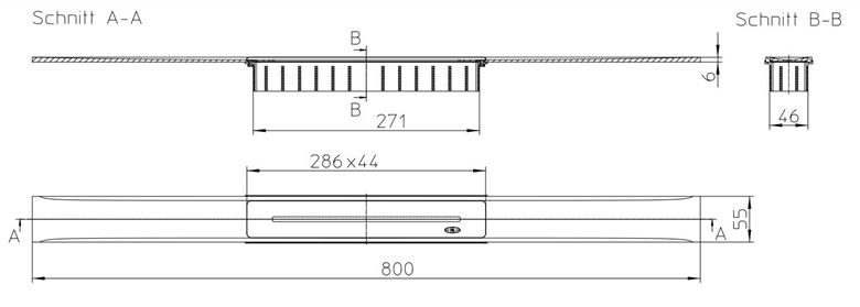 HL INFLOOR vrchná sada sprchového žľabu 800 mm, do priestoru, lesklá nerez oceľ HL053P/80 Technický nákres
