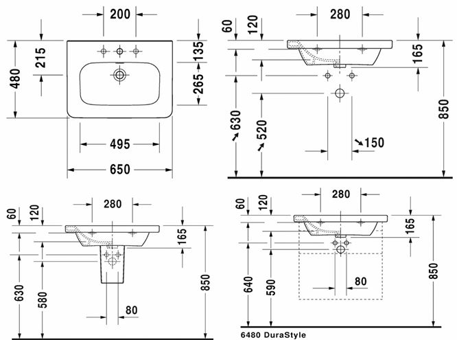 DURAVIT DURASTYLE umývadlo 65 cm, s otvorom pre batériu a prepadom 2320650000 Technický nákres