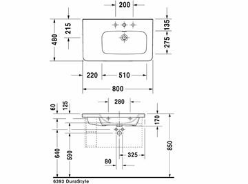 DURAVIT DURASTYLE umývadlo 80 cm, s otvorom pre batériu a prepadom 2326800000 Technický nákres