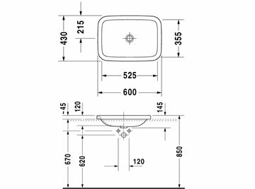 DURAVIT DURASTYLE umývadlo 60 cm, bez prepadu 0372600000 Technický nákres