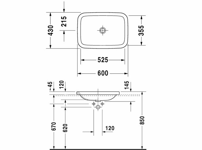DURAVIT DURASTYLE umývadlo 60 cm, bez prepadu 0372600000 Technický nákres