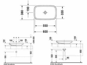 DURAVIT DURASTYLE umývadlo na dosku 60 cm, bez prepadu 0349600000 Technický nákres