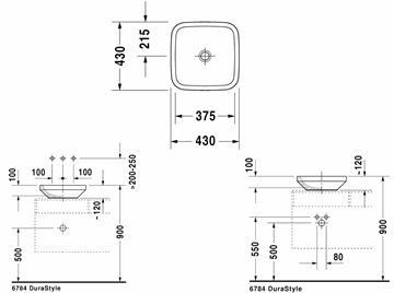 DURAVIT DURASTYLE umývadlo na dosku 43 cm, bez prepadu 0349430000 Technický nákres