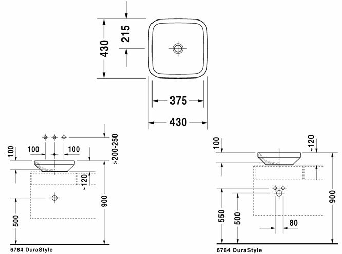 DURAVIT DURASTYLE umývadlo na dosku 43 cm, bez prepadu 0349430000 Technický nákres