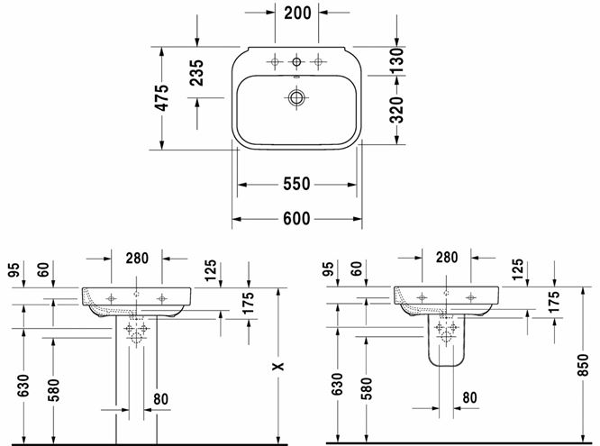 DURAVIT HAPPY D.2 umývadlo 60 cm, s otvorom pre batériu a prepadom 2316600000 Technický nákres