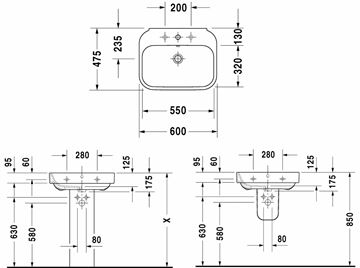DURAVIT HAPPY D.2 umývadlo 60 cm, s otvorom pre batériu a prepadom 2316600000 Technický nákres