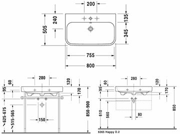 DURAVIT HAPPY D.2 umývadlo 80 cm, s otvorom pre batériu a prepadom 2318800000 Technický nákres