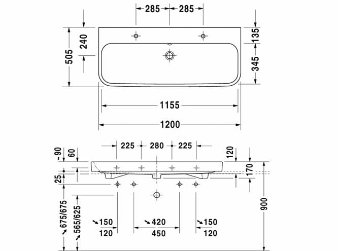 DURAVIT HAPPY D.2 umývadlo 120 cm, s 2 otvormi pre batérie a prepadom, brúsené 2318120026 Technický nákres
