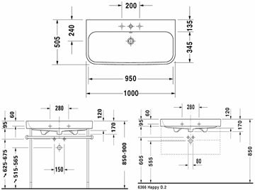 DURAVIT HAPPY D.2 umývadlo 100 cm, s otvorom pre batériu a prepadom, WonderGliss 23181000001 Technický nákres