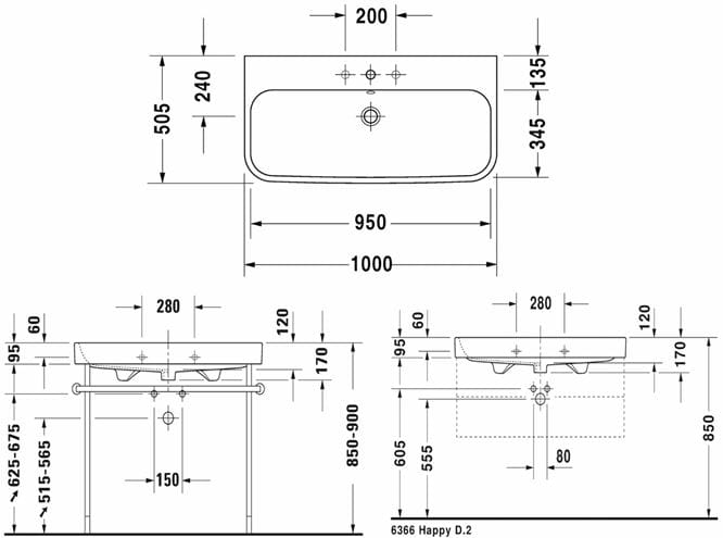 DURAVIT HAPPY D.2 umývadlo 100 cm, s otvorom pre batériu a prepadom, WonderGliss 23181000001 Technický nákres