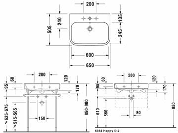 DURAVIT HAPPY D.2 umývadlo 65 cm, s otvorom pre batériu a prepadom 2318650000 Technický nákres