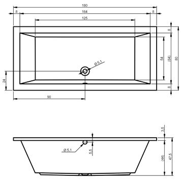 RIHO LUSSO vaňa 180x80 cm, bez nožičiek, akrylát B036001005 Technický nákres