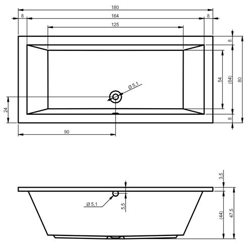 RIHO LUSSO vaňa 180x80 cm, bez nožičiek, akrylát B036001005 Technický nákres