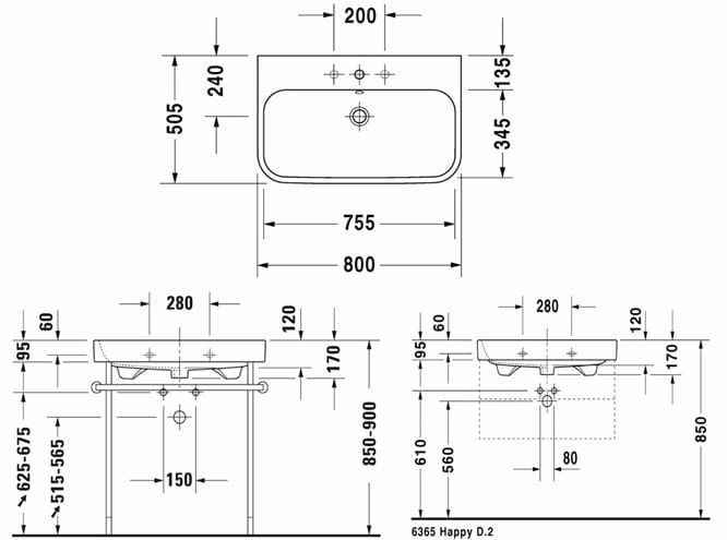 DURAVIT HAPPY D.2 umývadlo 80 cm, s otvorom pre batériu a prepadom, WonderGliss 23188000001 Technický nákres
