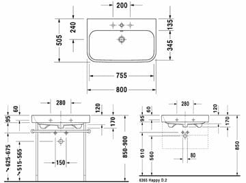 DURAVIT HAPPY D.2 umývadlo 80 cm, s otvorom pre batériu a prepadom, WonderGliss 23188000001 Technický nákres