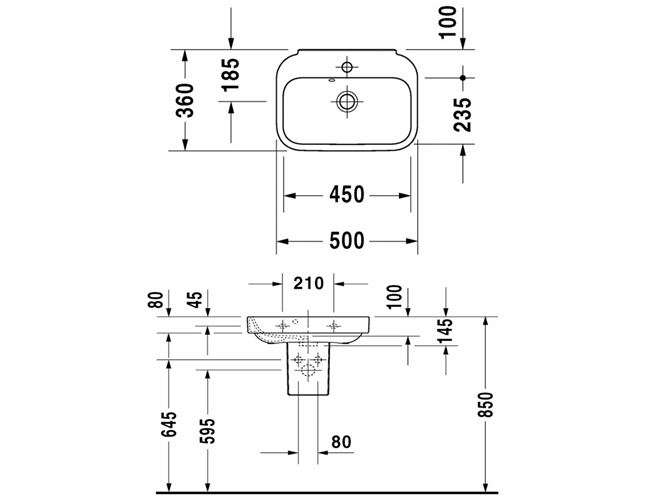 DURAVIT HAPPY D.2 umývadielko 50 cm, s otvorom pre batériu a prepadom 0709500000 Technický nákres