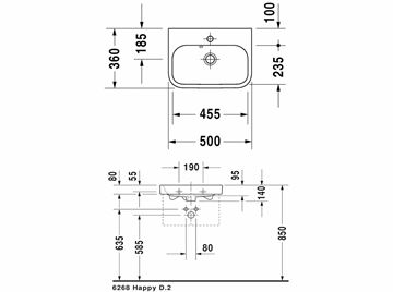 DURAVIT HAPPY D.2 umývadielko 50 cm, s otvorom pre batériu a prepadom 0710500000 Technický nákres