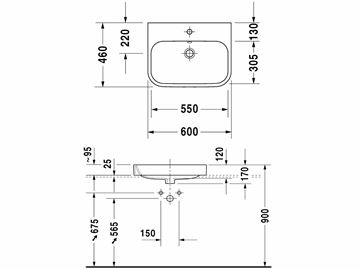 DURAVIT HAPPY D.2 umývadlo 60 cm, s otvorom pre batériu a prepadom, brúsené 2315600000 Technický nákres