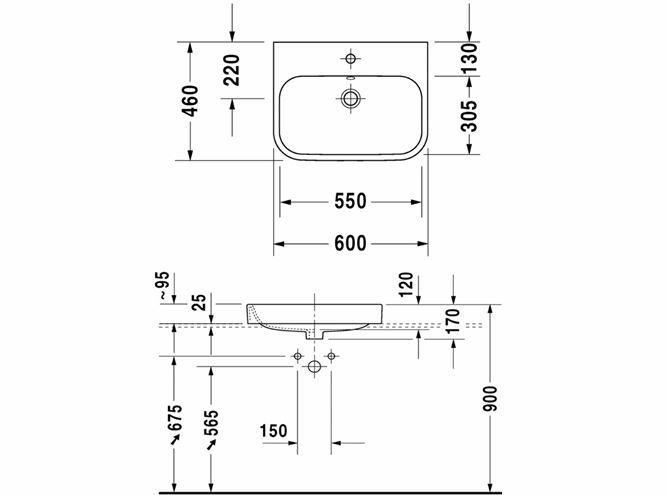 DURAVIT HAPPY D.2 umývadlo 60 cm, s otvorom pre batériu a prepadom, brúsené 2315600000 Technický nákres
