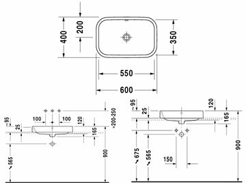 DURAVIT HAPPY D.2 umývadlo 60 cm, s prepadom, brúsené 2314600000 Technický nákres