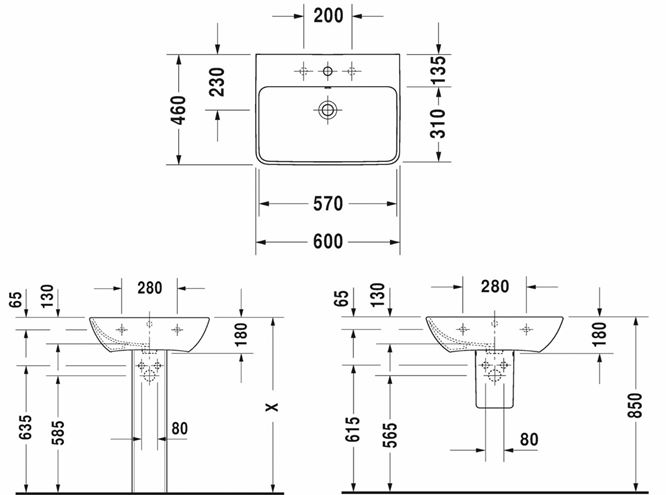 DURAVIT ME BY STARCK umývadlo 60 cm, s otvorom pre batériu a prepadom 2335600000 Technický nákres