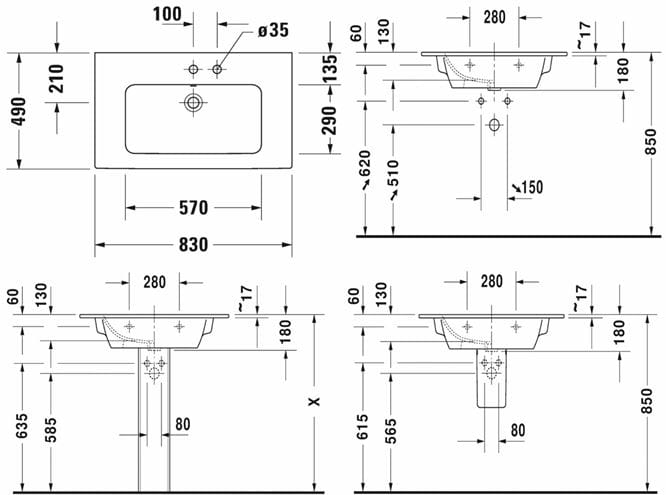 DURAVIT ME BY STARCK umývadlo 83 cm, s otvorom pre batériu a prepadom 2336830000 Technický nákres