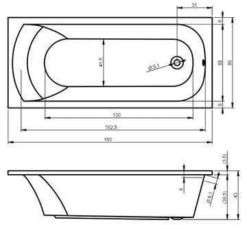 RIHO MIAMI vaňa 180x80 cm, bez nožičiek, akrylát B061001005 Technický nákres