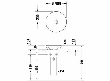 DURAVIT D-NEO umývadlová misa 40 cm, bez prepadu, WonderGliss 23714000701 Technický nákres