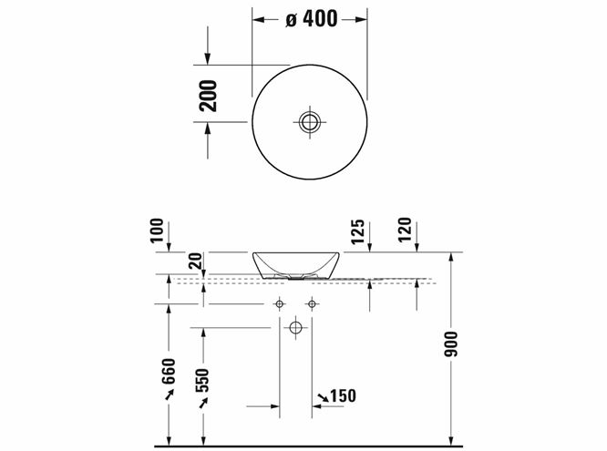 DURAVIT D-NEO umývadlová misa 40 cm, bez prepadu, WonderGliss 23714000701 Technický nákres