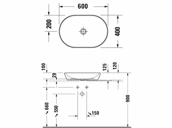 DURAVIT D-NEO umývadlová misa 60 cm, bez prepadu 2372600070 Technický nákres