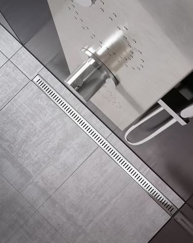 RAVAK ZEBRA sprchový žľab 850 mm, do priestoru, bočný odtok DN 40, rošt, plast/nerez oceľ X01434 Obrázek - fotka