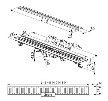 RAVAK ZEBRA sprchový žľab 850 mm, do priestoru, bočný odtok DN 40, rošt, plast/nerez oceľ X01434 Technický nákres