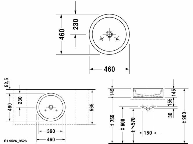 DURAVIT STARCK 1 umývadlová misa 46 cm, bez prepadu 0445460000 Technický nákres