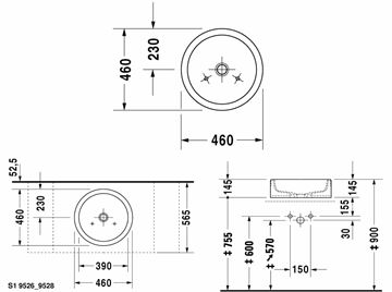 DURAVIT STARCK 1 umývadlová misa 46 cm, bez prepadu 0445460000 Technický nákres