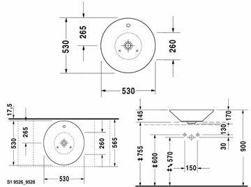 DURAVIT STARCK 1 umývadlová misa 53 cm, s prepadom 0408530000 Technický nákres