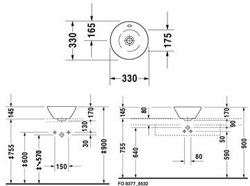 DURAVIT STARCK 1 umývadlová misa 33 cm, s prepadom 0408330000 Technický nákres