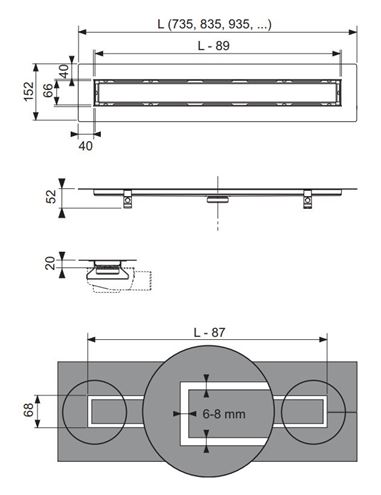 TECE DRAINLINE sprchový žľab 1000 mm, do priestoru, bez odtoku, rošt na vloženie dlažby, nerez oceľ 651000 Technický nákres