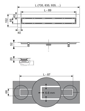 TECE DRAINLINE sprchový žľab 1000 mm, do priestoru, bez odtoku, rošt na vloženie dlažby, nerez oceľ 651000 Technický nákres