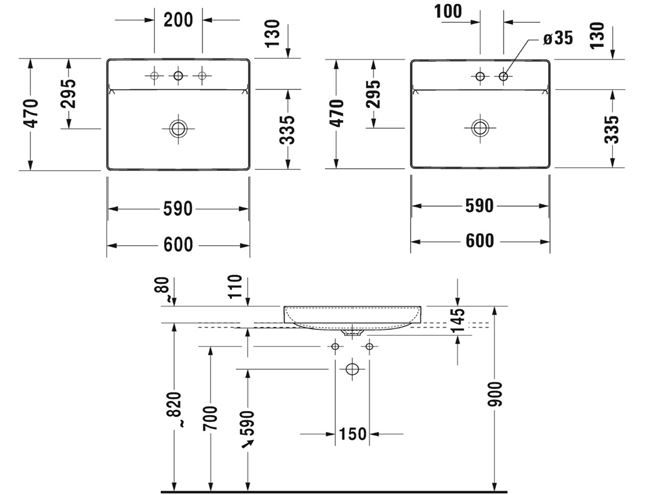 DURAVIT DURASQUARE umývadlo 60 cm, s otvorom pre batériu, bez prepadu, brúsené 2354600041 Technický nákres