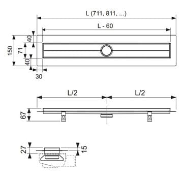 TECE DRAINLINE sprchový žľab 1500 mm, do priestoru, bez odtoku, bez roštu, nerez oceľ 601500 Technický nákres